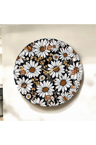 Renkli Baskı Papatya Desenli Sayılı Hediyelik Ahşap Sessiz Duvar Saati 50cm ÇOk Renkli