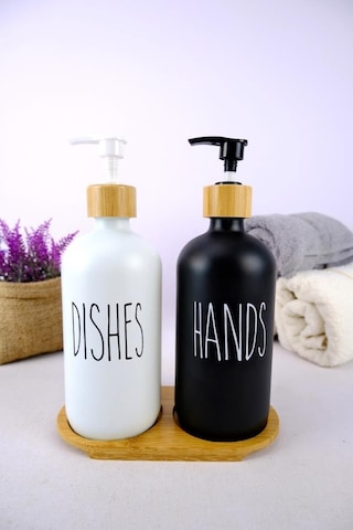Digithome 2 Li Ahşap Standlı Cam Sıvı Sabun Ve Bulaşık Deterjanı Şişesi Sabunluk 500 Ml - E/6 C1-1-289