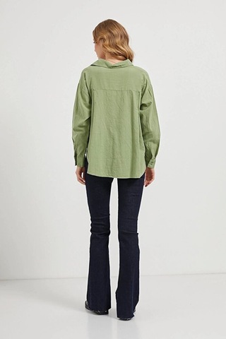 Kadın Cepli Flamlı Oversize Uzun Kol Müslin Keten Gömlek Çağla