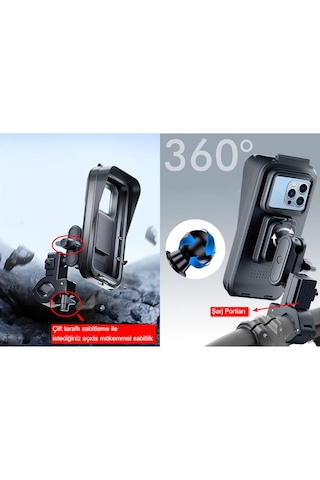 Cr04 Motosiklet Bisiklet Gidon Telefon Tutucu Su Geçirmez Buğu Tutmaz Type-c Ve Usb Şarj Portu Tek El Kullanım Siyah