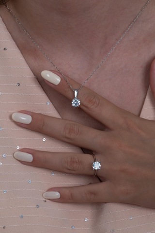 Tek Taş Gümüş Kolye Küpe Ve Yüzük Seti Ags02