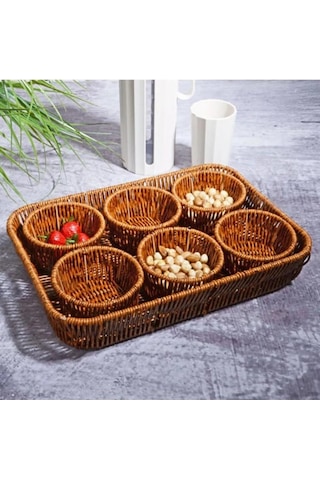 Kosova Wicker 7'li Tepsili Çerezlik Set Kahverengi