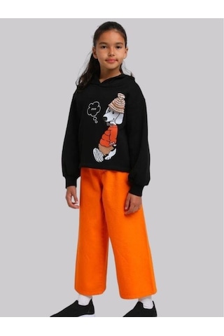 Kız Çocuk İçi Şardonlu Köpek Baskılı Kapüşonlu Sweatshirt-13615 Siyah