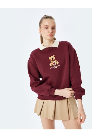 Koton Ayı Nakışlı Uzun Kollu Bisiklet Yaka Oversize Sweatshirt Bordo 5sal10600ık Bordo