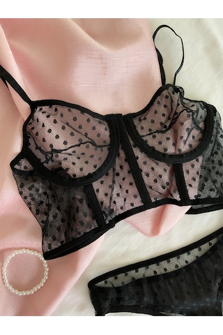 Mh Moony Homewears Premium Siyah Yarım Korse Bralet Takımı Siyah