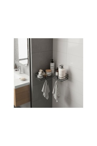 Yapışkanlı Banyo Köşeliği Köşe Rafı Duş Şampuanlık Duvar Düzenleyici Organizer Raf Siyah Metal Açık Ceviz