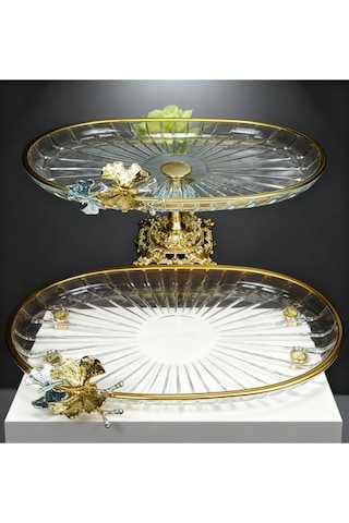 Çnr Home Collection Paşabahçe Kristal Metal Ayakli Gold Yaldizli Oval Düz Pasta Sunumluk Kurabiyelik 2 'li Gold
