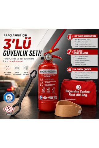 3 Lü Set Trafik Ilkyardım Seti Yangın Tüpü Boyunluk Çoklu Anahtar