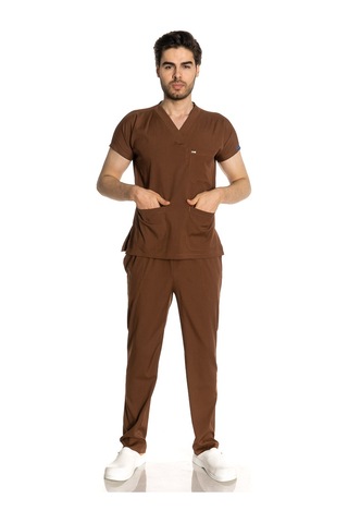 Unisex Likralı Kahve Renkli Scrubs