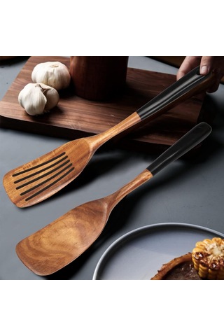 Kangvka 2 Parça Sağlıklı Ahşap Mutfak Spatula Seti - Yuvarlanabilir Ve Delikli, Teflon Tencere Uyumlu, Dayanıklı Ahşap Kürdan Siyah