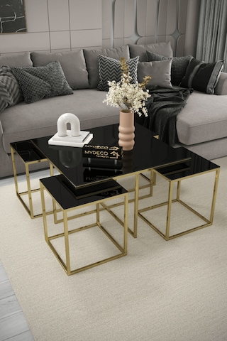 4+1 Gold Kaplama Siyah Ayna Orta Sehpa