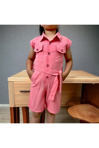 Esterella Düğmeli Cep Detaylı Somon Kısa Tulum Somon