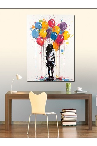 Kanvas Tablo Renkli Uçan Balonlar Ve Kız Çocuğu 100cmx140cm