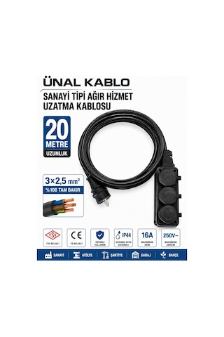 Ünal Kablo Sanayi Tipi Ağır Hizmet Uzatma Kablosu 20 Metre 3x2.5 Mm %100 Tam Bakır Seldur Kauçuk 3'lü Grup Priz Orel Kauçuk Fiş Ip54 Ip44 20 M