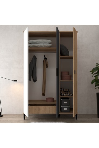 6302 Neva 3 Kapılı 200 Cm Gizli Çekmeceli Gardırop , Elbise Dolabı , Genç Odası Antrasit Beyaz Sepet