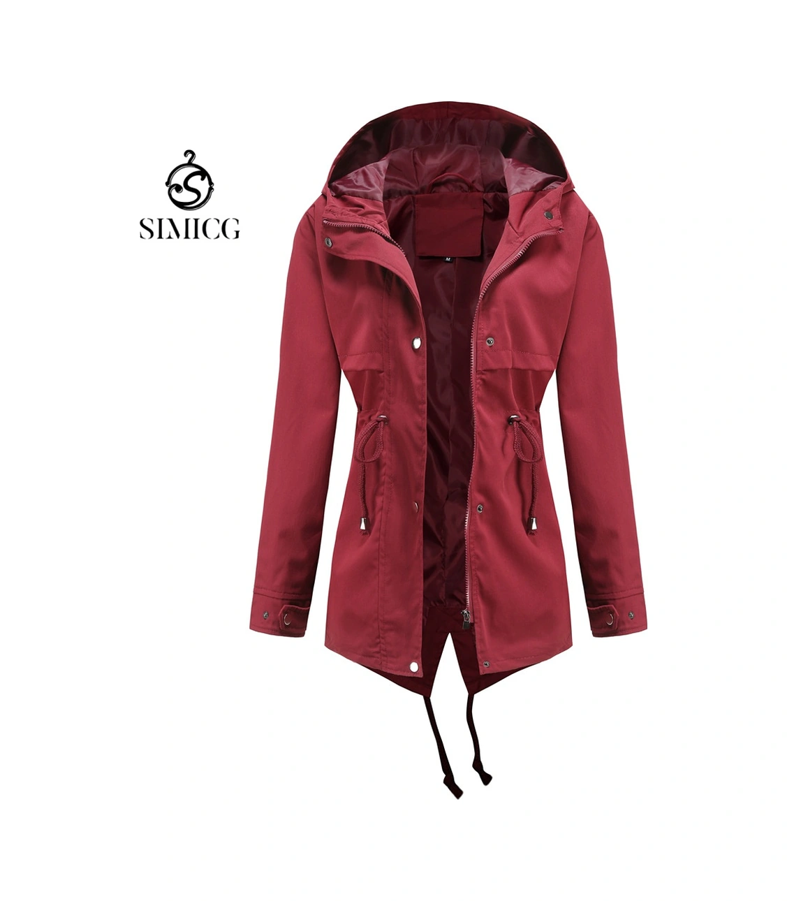 Kadınlar İçin Orta Uzunlukta Kapüşonlu Uzun Kollu Trençkot Kırmızı