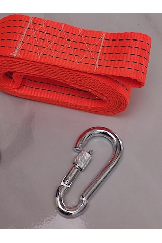 Çeki Halatı 3 Ton 5 M Çekme Halatı Kumaş 10 Mm Vidalı Metal Çengelli Karabinalı, Turuncu Kumaş Çeki Halatı,