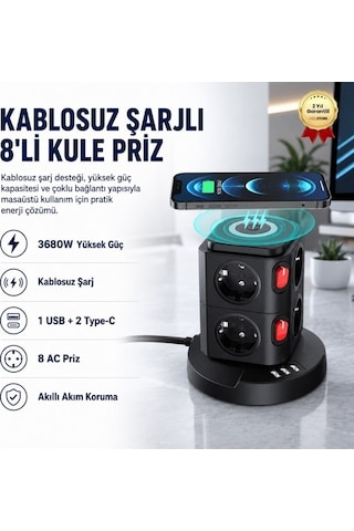 Kablosuz Şarj Destekli 3680w 8'li Kule Priz-wireless Şarj Destekli-1579 1.8 M
