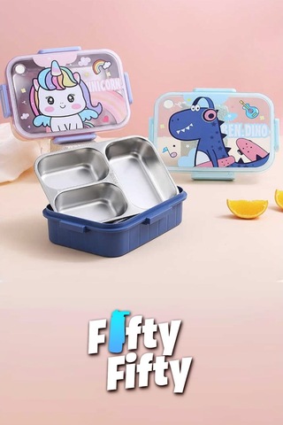 Vagonlife Bento 750ml Lunchbox Sevimli Dostlar Tek Katlı 3 Bölmeli Paslanmaz Çelik Sefer Tası Yemek Kutusu Mavi Dinozor Çok Renkli