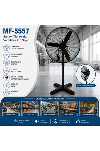 Ayaklı Sanayi Tipi Vantilatör - Metal Pervane, 3 Kademe, 220v