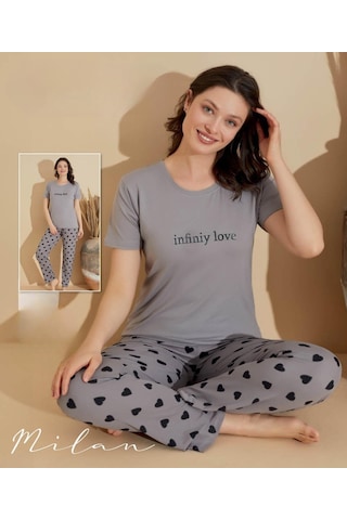 Boyraz Slim Fit Dar Kesim Kadın Milan Bisiklet Yaka Kısa Kol Pijama Takımı 11026g - 1 Adet Gri