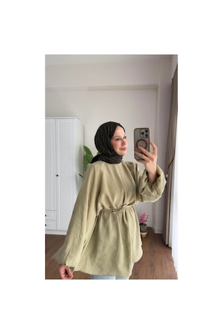 Moonsc Kadın Balon Kol Bel Bağlamalı Pamuklu Standart Beden Haki Tesettür Tunik
