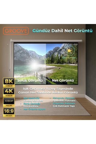 Groove Vizio Pro 150 Inch Blackout Işık Geçirmez Elektrikli Otomatik Kumandalı Projeksiyon Perdesi 332x188cm +motorlu+canlı Renkler+göz Koruması+leke Tutmaz Projector