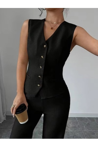 Defymoda Kadın Askılı Önden Düğmeli Bluz Ve Pantolon Keten Ikili Takım Siyah