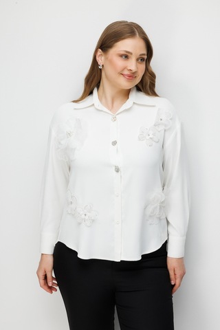 Gilda Modailgi Çiçek Aplike Detaylı Oversize Gömlek Ekru