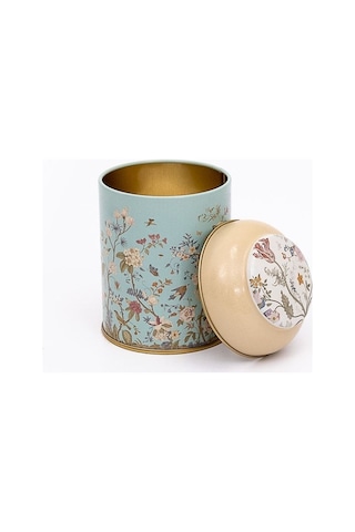 Flora Blue Desenli Yuvarlak Metal Saklama Kabı, 9 X 11 Cm, 0,6 Lt Desenli