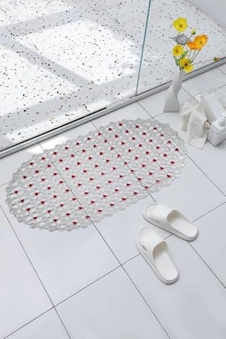 Eko Serisi Banyo - Küvet İçi Kaydırmaz Vantuzlu Oluklu Oval Paspas 63 X 34 Cm, Kırmızı Açık Gri