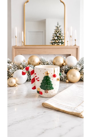 Çam Ağacı Seramik Mug 300 Ml El Yapımı 24k Altın Detaylı Yılbaşı Kupası Yeşil - Altın