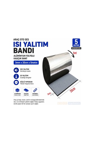 Araç Oto Ses Isı Yalıtım Bandı 3mm X 20cm X 5 Metre Alüminyum Folyolu Kauçuk İzolasyon Bantı