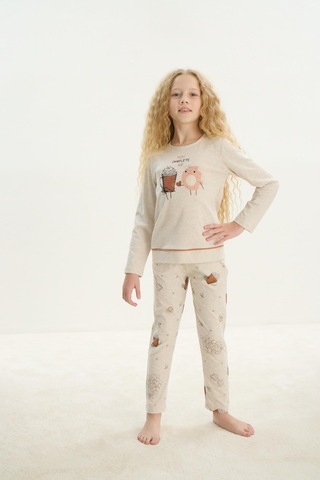 Sevim Kız Çocuk Uzun Kol Bej Melanj Pijama Takım C2t1n7o8 001