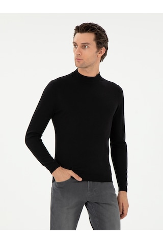 Cacharel Siyah Slim Fit Kaşmir İpek Karışımlı Çeyrek Balıkçı Yaka Triko Kazak