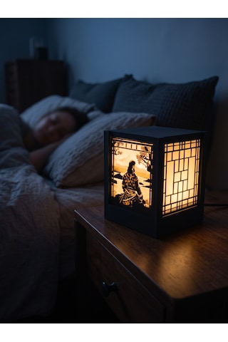 Serie Lumina Shoji Masa Ve Gece Lambası - Samuray Figürü Klasik Zen Kafes Japon Feneri Sıcak Led Ambiyans Işığı Siyah