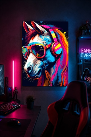 Kulaklıklı At Metal Duvar Tablosu Renkli Gamer Oyun Odası Dekoru 30x40 Cm A3 Boyutunda