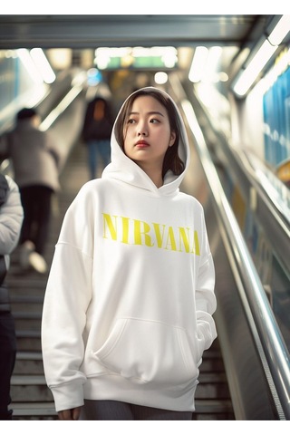 Sevbano Nirvana Yazılı Unisex Oversize Tasarım Hoodie Beyaz