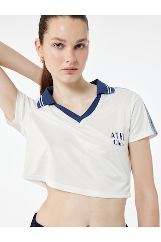 Koton Kısa Kollu V Yaka Biyeli Baskılı Crop Spor Tişört Ekru 5sak10300nk Ekru