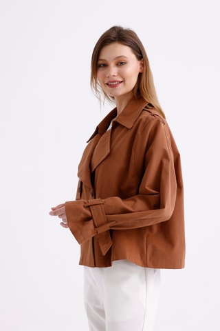 Pastelastore %100 Pamuk Gabardin Astarlı Oversize Geniş Kalıp Kadın Crop Kısa Trençkot 1122 Taba