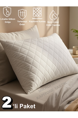 Beylini 2'li 800 Gr Mikrofiber Kapitone Yastık Yumuşak Rahat Antialerjik Makinede Yıkanabilir Pürüzsüz 50x70cm Beyaz