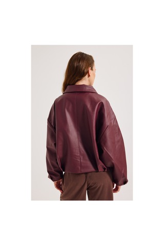 Meecy Yeni Sezon Suni Oversize Bomber Deri Ceket Bordo Bordo