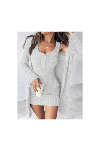 Butik İstanbul Kadın Askılı Yuvarlak Yakalı Önü Düğmeli Şardonlu Kaşkorse Mini Elbise Ve Kısa Ceket Gri