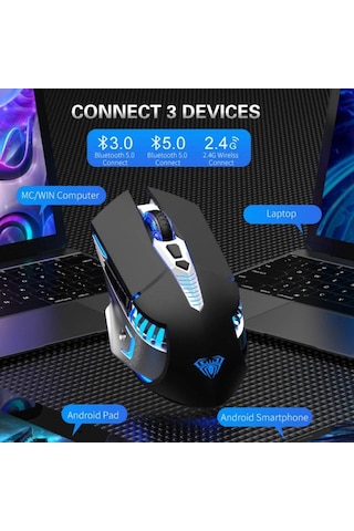 Bluetooth Şarjlı Kablosuz Yan Düğmeli Fare 3 Modlu: Bt5.0/3.0+2.4ghz 7 Renkli Işık Siyah Diğer