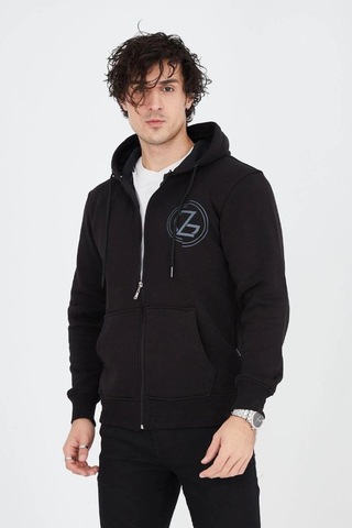 Mbb E-ticaret Erkek 3 İplik Pamuklu Fermuarlı Kapüşonlu Kanguru Cepli Baskılı Hoodie Hırka Sweatshirt - Siyah