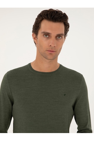 Cacharel Haki Slim Fit Yün Karışımlı Bisiklet Yaka Basic Triko Kazak Yesıl