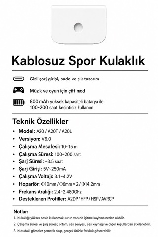 Atlt Atlantis Y20 Şarjlı Mıknatıslı 6.0 Bluetoothlu Spor Kablosuz Kulaklık