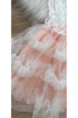 Kız Çocuk Güpür Tül Detaylı Pembe Mor Kat Kat Prenses Elbise Pembe