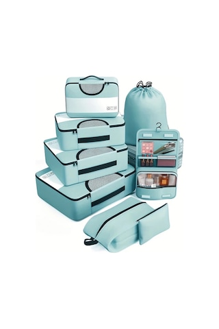 Fochsia 8 Parça Lake Blue Oksford Sıkıştırma Çantası Seyahat Bagaj Depolama Çantası Ahşap