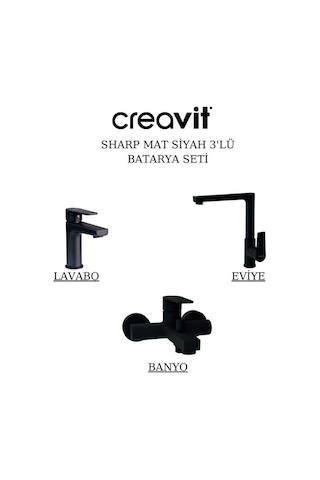 Creavit Sharp Batarya Seti 3 Lü Banyo SR2510S - Lavabo SR1500S - Evye SR8500S Mat Siyah